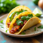 Juicy chicken taco with cilantro, avocado, and shredded cheese served on a plate with lime wedges.