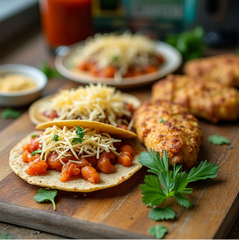 Juicy chicken taco with cilantro, avocado, and shredded cheese served on a plate with lime wedges.