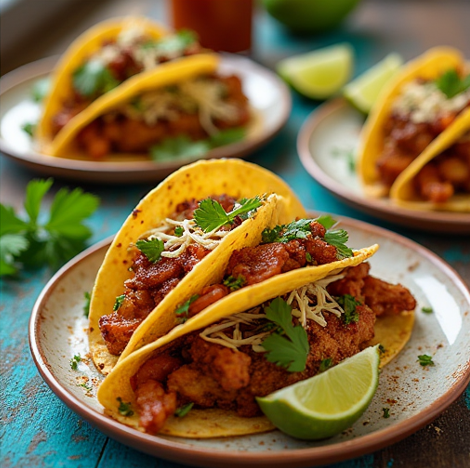 Juicy chicken taco with cilantro, avocado, and shredded cheese served on a plate with lime wedges.