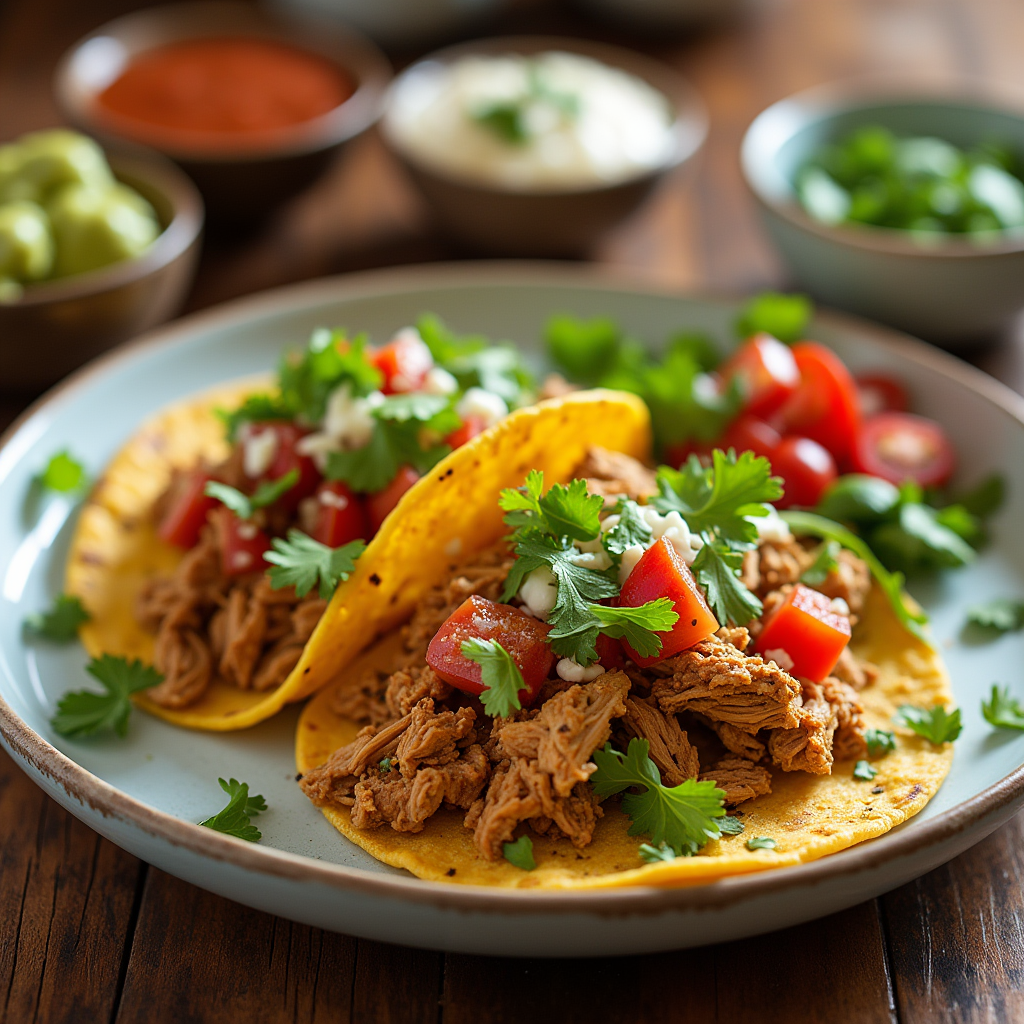 Plated tacos with shredded rotisserie chicken, fresh lettuce, tomatoes, cheese, cilantro, and a side of salsa and guacamole.